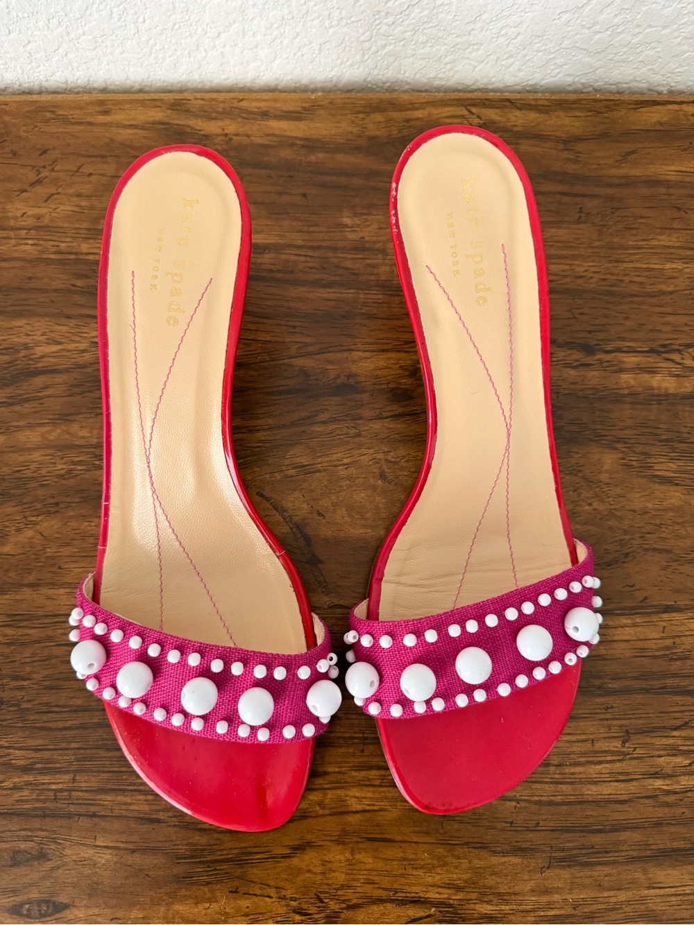 Kate Spade New York Pink & Red Leather Kitten Heel with Pearl Embellishments - Picture 2 of 9